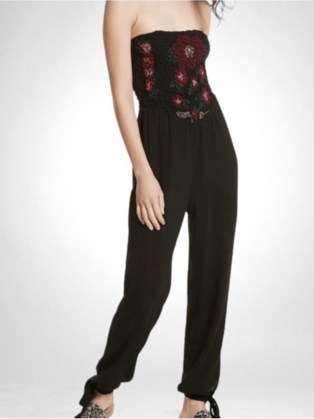 Free People Black Strapless Jumpsuit with Floral Embroidered Bodice